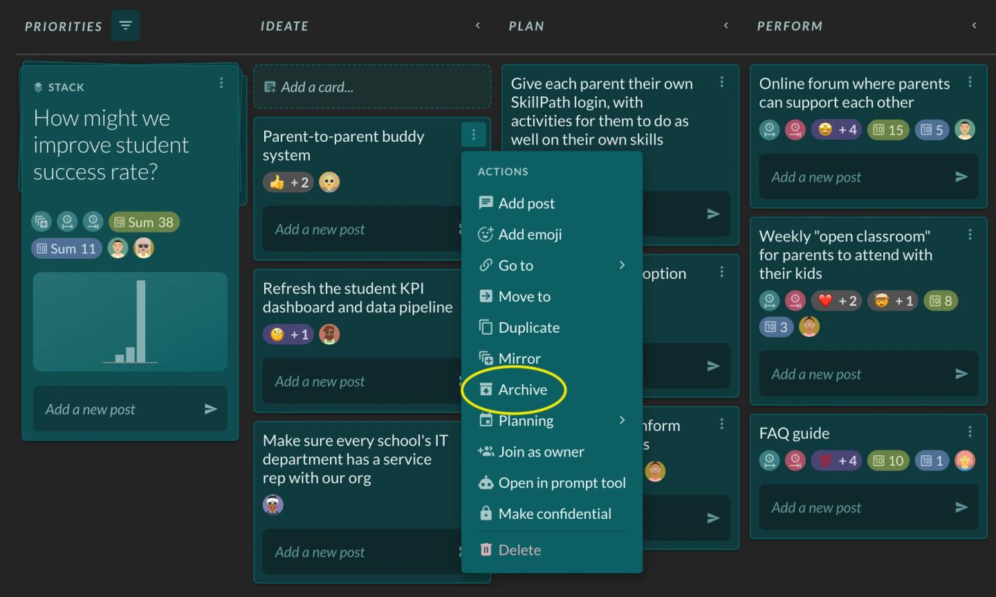 A card's three-dot menu open on the board, headed "ACTIONS", with "Archive" ringed in yellow. The full list is "Add post", "Add emoji", "Go to", "Move to", "Duplicate", "Mirror", "Archive", "Planning", "Join as owner", "Open in prompt tool", "Make confidential" and, set apart at the bottom in red, "Delete" — the distinction the step depends on, since archiving is the reversible one. The menu belongs to the card "Parent-to-parent buddy system" in the IDEATE column.
