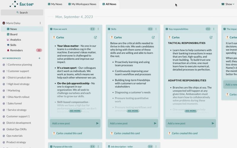 The top of the Factor left side panel, where the signed-in person's own name — "Marie Daley", with avatar and a 3-dot menu — heads a row of personal apps: "News" (currently selected and highlighted), "Board", "Analytics", "Skills", and "Reminders" carrying a badge of 22. This is the "Analytics" the step means: the one directly beneath your name, above the "MY WORKSPACES" heading and its list of team workspaces, not one nested inside a workspace. Behind the panel the News app's "All News" tab is open on cards dated "Mon, September 4, 2023".