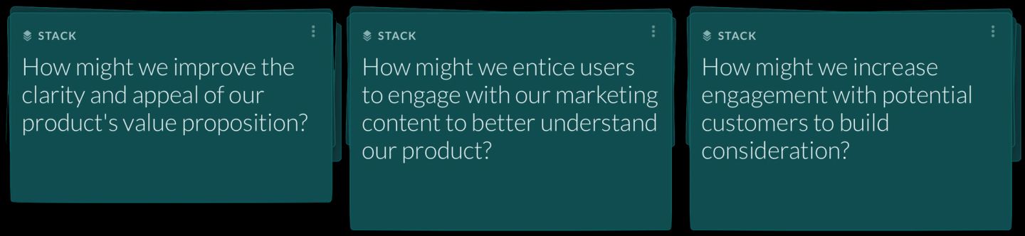 Three Factor stacks side by side, each holding a goal reframed as an open question rather than a target: "How might we improve the clarity and appeal of our product's value proposition?", "How might we entice users to engage with our marketing content to better understand our product?" and "How might we increase engagement with potential customers to build consideration?" A marketing team's awareness-to-consideration gap has been broken into problems to solve.