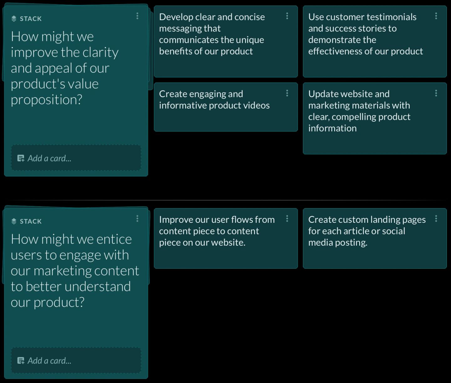 Two of those problem stacks with their ideas attached to the right of each. The value-proposition question carries four ideas, including "Develop clear and concise messaging that communicates the unique benefits of our product" and "Use customer testimonials and success stories to demonstrate the effectiveness of our product"; the marketing-content question carries two. Each idea sits visibly beside the problem it answers, so the reason for the work never drops out of view.