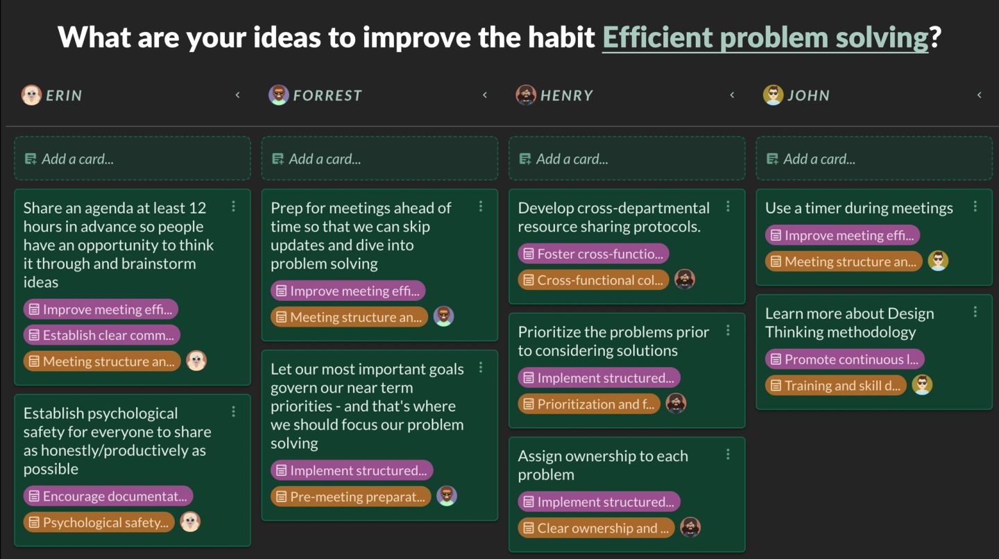 A Factor board collecting ideas to improve one habit, efficient problem solving, with a column per colleague so everyone contributes in parallel rather than in a meeting. The ideas are concrete: share an agenda twelve hours ahead so people can think first, prep beforehand so meetings skip status updates, prioritize problems before considering solutions, assign an owner to each problem, use a timer, and establish enough psychological safety that people speak honestly.