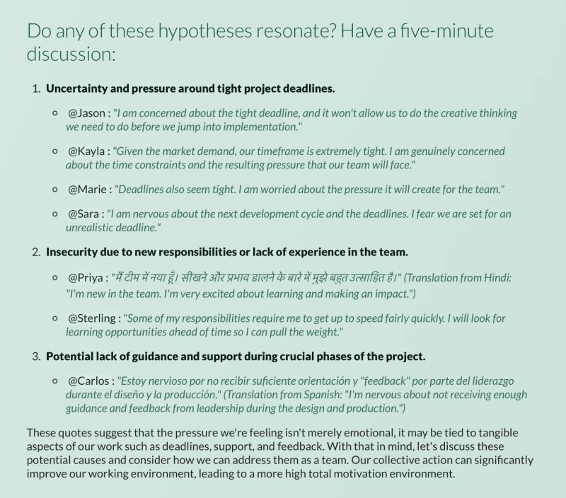 A Factor screen proposing a five-minute team discussion, listing three hypotheses for the pressure a team is feeling — tight project deadlines, insecurity about new responsibilities, and lack of guidance during crucial phases — each supported by verbatim quotes from team members, two of them written in Hindi and Spanish with translations alongside.