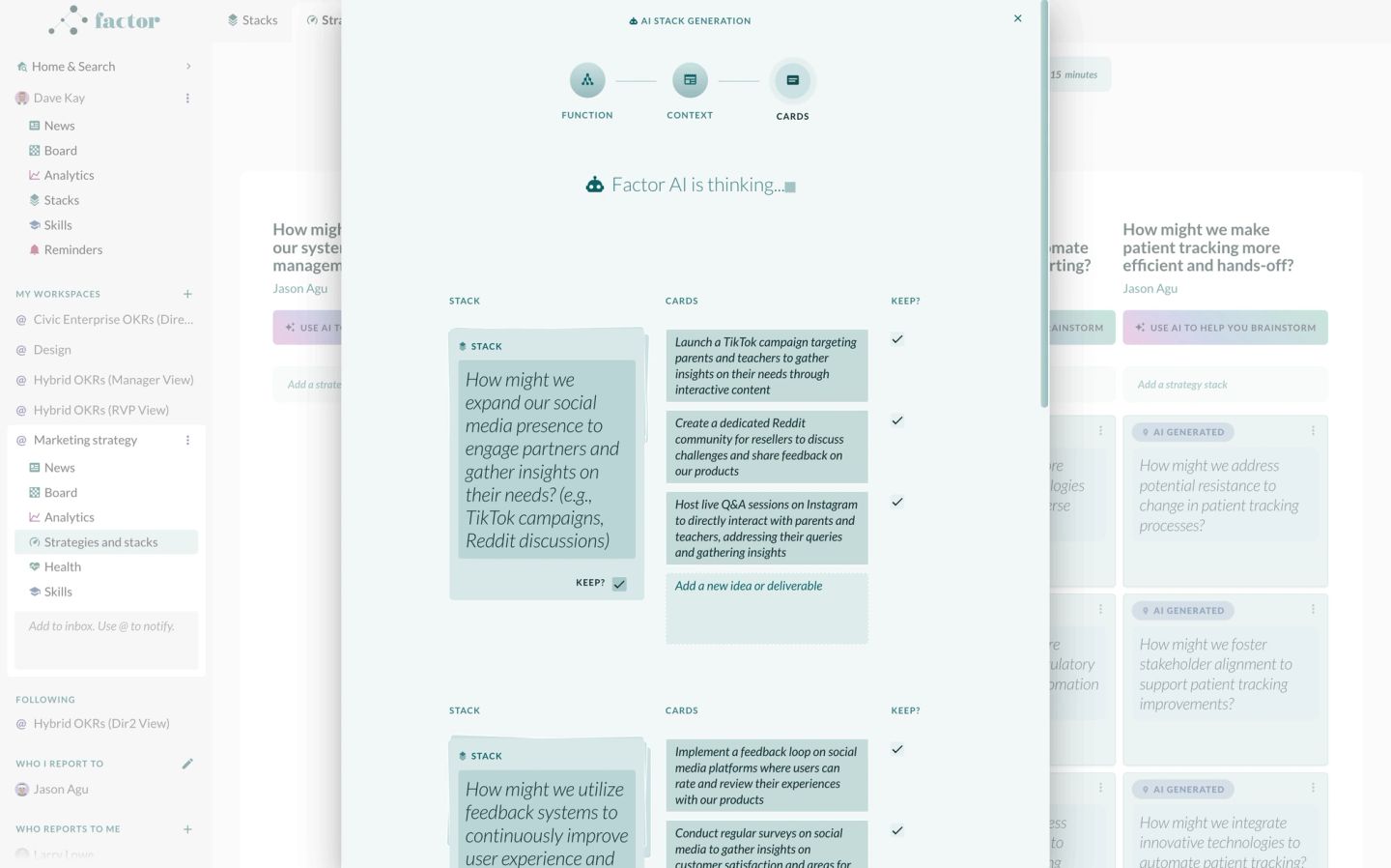 The same strategy board with Factor AI thinking in a panel over it, generating candidate ideas against one of the how-might-we questions rather than leaving the column empty.