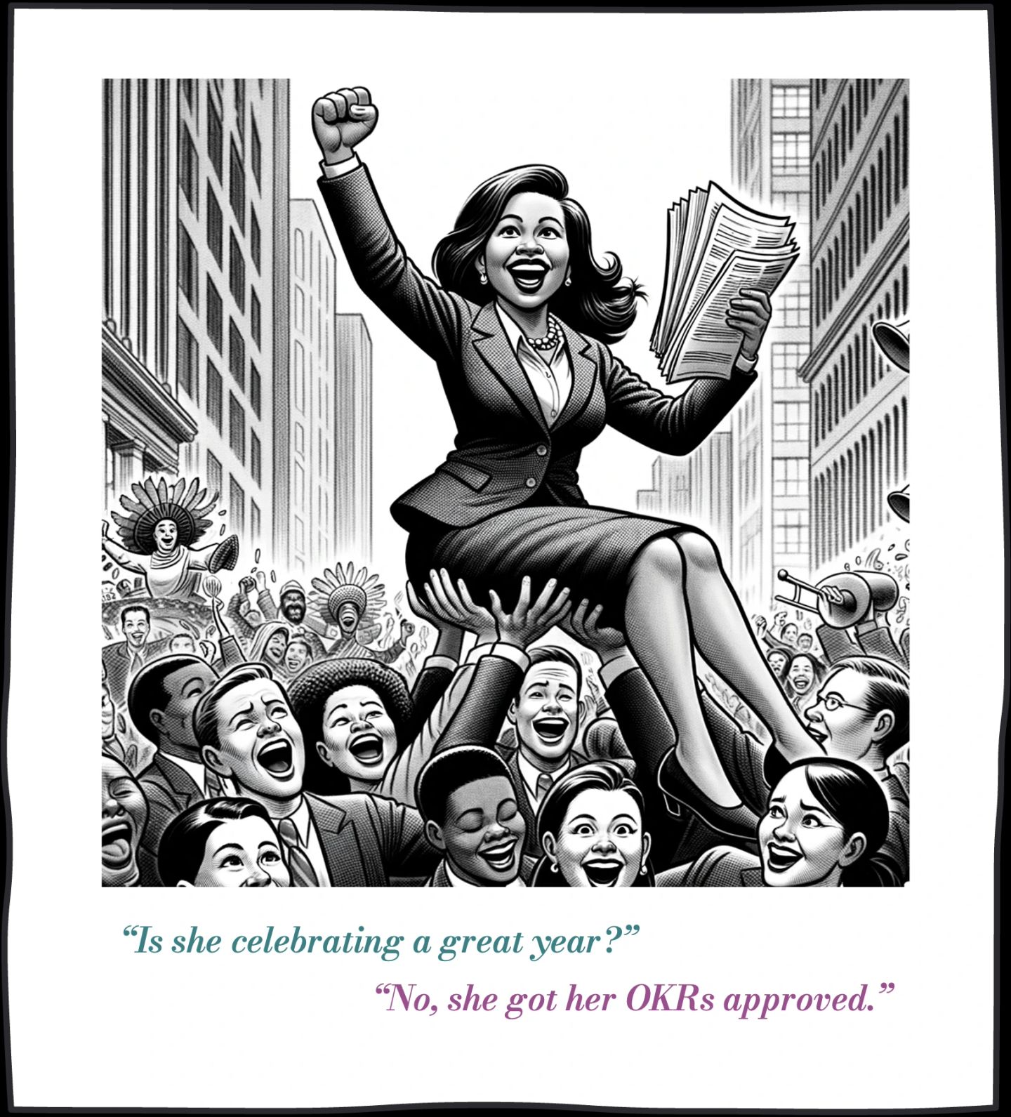 A monochrome cartoon drawn in New Yorker style: a woman in a business suit is carried aloft on the hands of a jubilant crowd down a city street, one fist raised, a sheaf of newspaper in the other hand, confetti and a bullhorn in the background. The caption is a two-line exchange — "Is she celebrating a great year?" answered by "No, she got her OKRs approved." — the joke being that in most organisations getting the goals signed off is the achievement, not hitting them.
