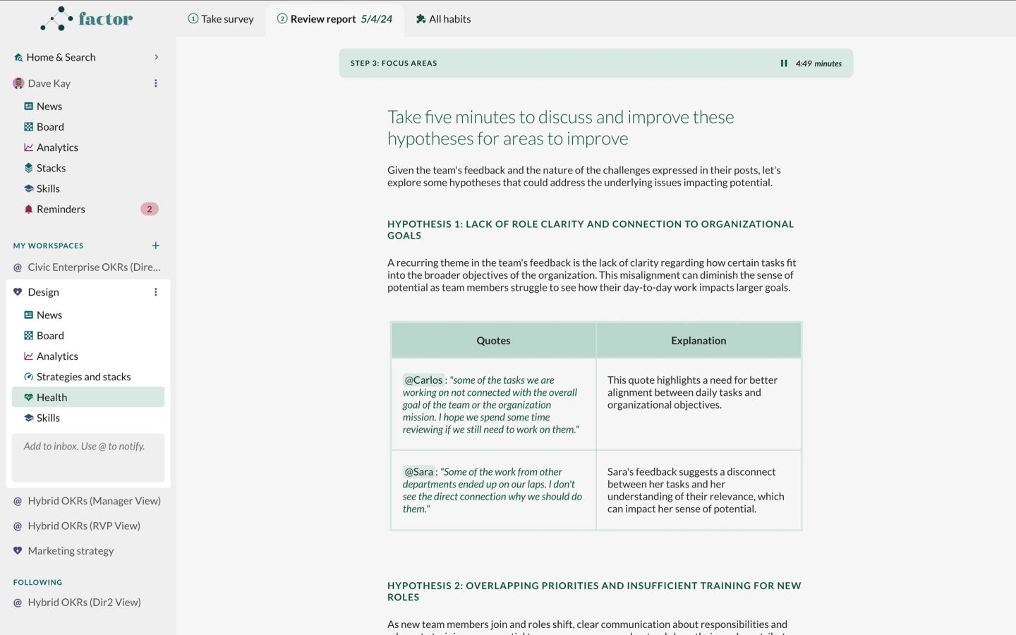 Step 3 of the AI-generated Culture Check report, headed FOCUS AREAS with a 4:49 minute timer, inviting the team to "Take five minutes to discuss and improve these hypotheses for areas to improve". Hypothesis 1, a lack of role clarity and connection to organizational goals, is evidenced rather than asserted: a two-column table pairs verbatim quotes from @Carlos and @Sara — both about work arriving with no visible link to the team's mission — with an explanation of what each one implies about their sense of potential. Hypothesis 2, on overlapping priorities and insufficient training for new roles, starts below.