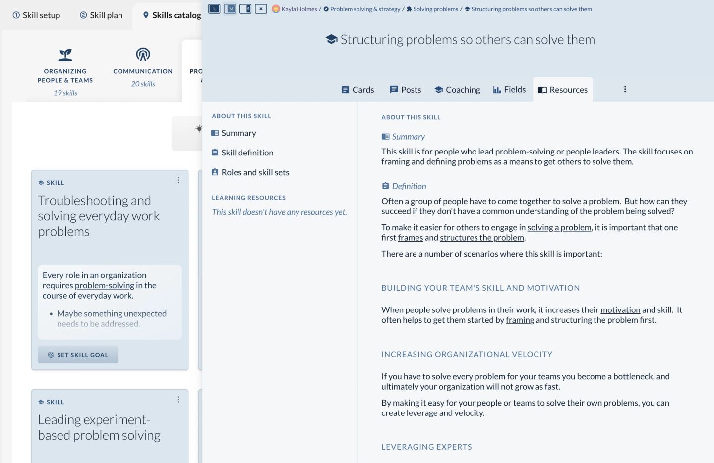 A Factor skill page for structuring problems so others can solve them, with its summary, definition and role sets in a sidebar and the body explaining how the skill builds a team's motivation, increases organizational velocity, and leverages experts.