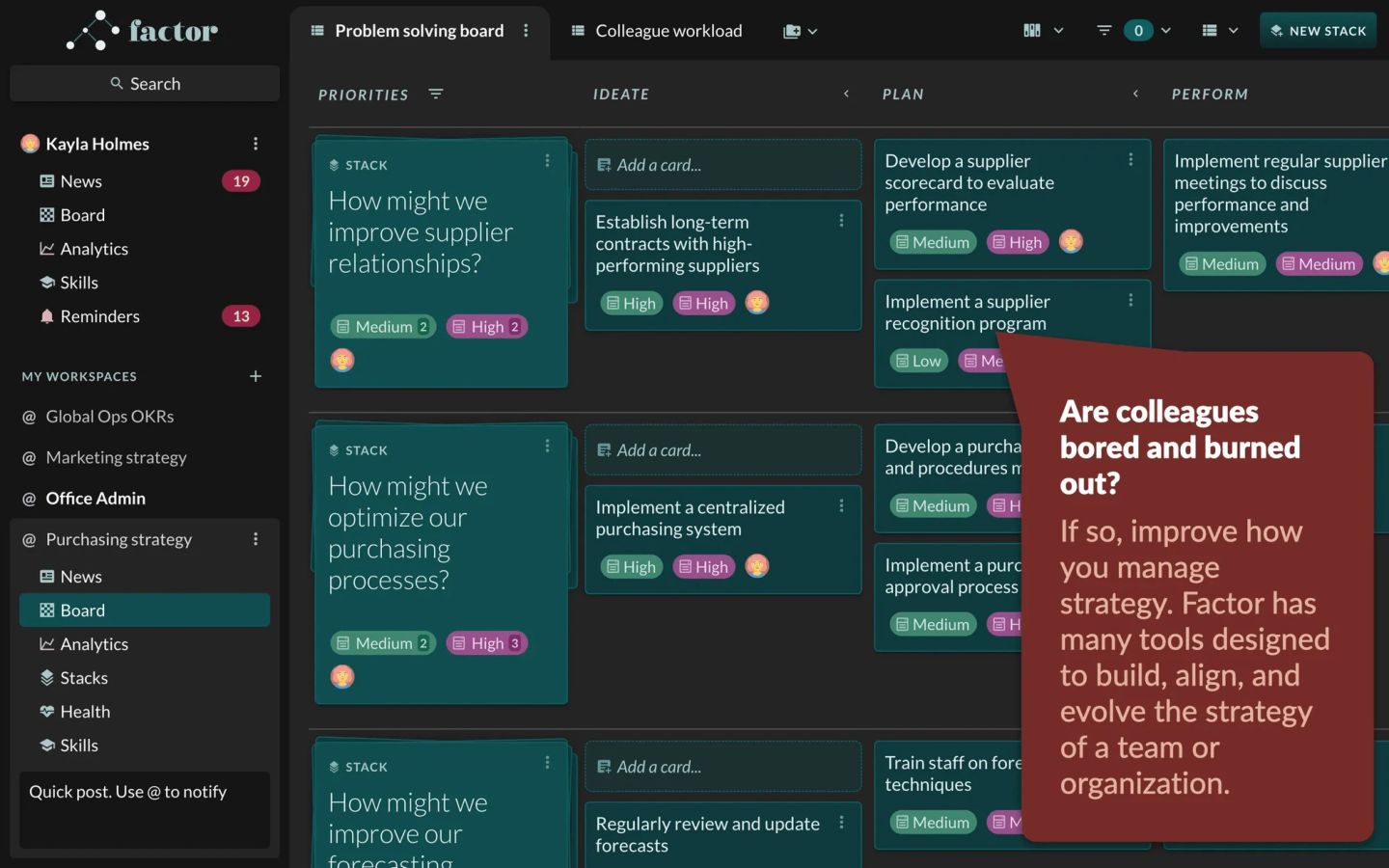 A Factor problem-solving board for a purchasing team, columns running Ideate, Plan and Perform. Three question stacks drive it: how might we improve supplier relationships, how might we optimize our purchasing processes, and how might we improve our forecasting. Cards carry priority tags — establish long-term contracts with high-performing suppliers, implement a centralized purchasing system, develop a supplier scorecard, train staff on forecasting techniques. An annotation asks whether colleagues are bored and burned out, and says Factor has tools to build, align and evolve a team's strategy.