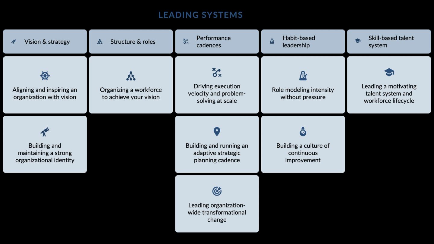 LEADING SYSTEMS SKILLS, the executive-level skills laid out in five labelled columns — vision & strategy, structure & roles, performance cadences, habit-based leadership, and a skill-based talent system — with the individual skills stacked beneath each heading. Vision & strategy holds aligning and inspiring an organization with vision, and building and maintaining a strong organizational identity. Structure & roles holds just one, organizing a workforce to achieve your vision, while performance cadences is the deepest column with three: driving execution velocity and problem-solving at scale, building and running an adaptive strategic planning cadence, and leading organization-wide transformational change. Habit-based leadership carries role modeling intensity without pressure and building a culture of continuous improvement; the talent column carries leading a motivating talent system and workforce lifecycle.