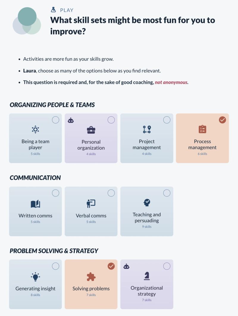 A Skills Check question tagged play, asking which skill sets would be most fun to improve. Skills are offered as selectable cards grouped by family — organizing people and teams, communication, problem solving and strategy — each carrying how many underlying skills it holds, with two selected.