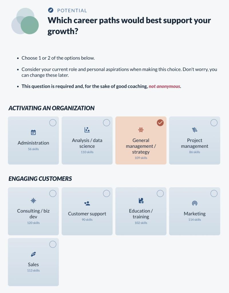 A Skills Check question tagged potential, asking which career paths would best support the person's growth. Paths are grouped into activating an organization and engaging customers, each card carrying the number of skills that path contains — from fifty-six for administration to a hundred and twenty for consulting — with general management and strategy selected.