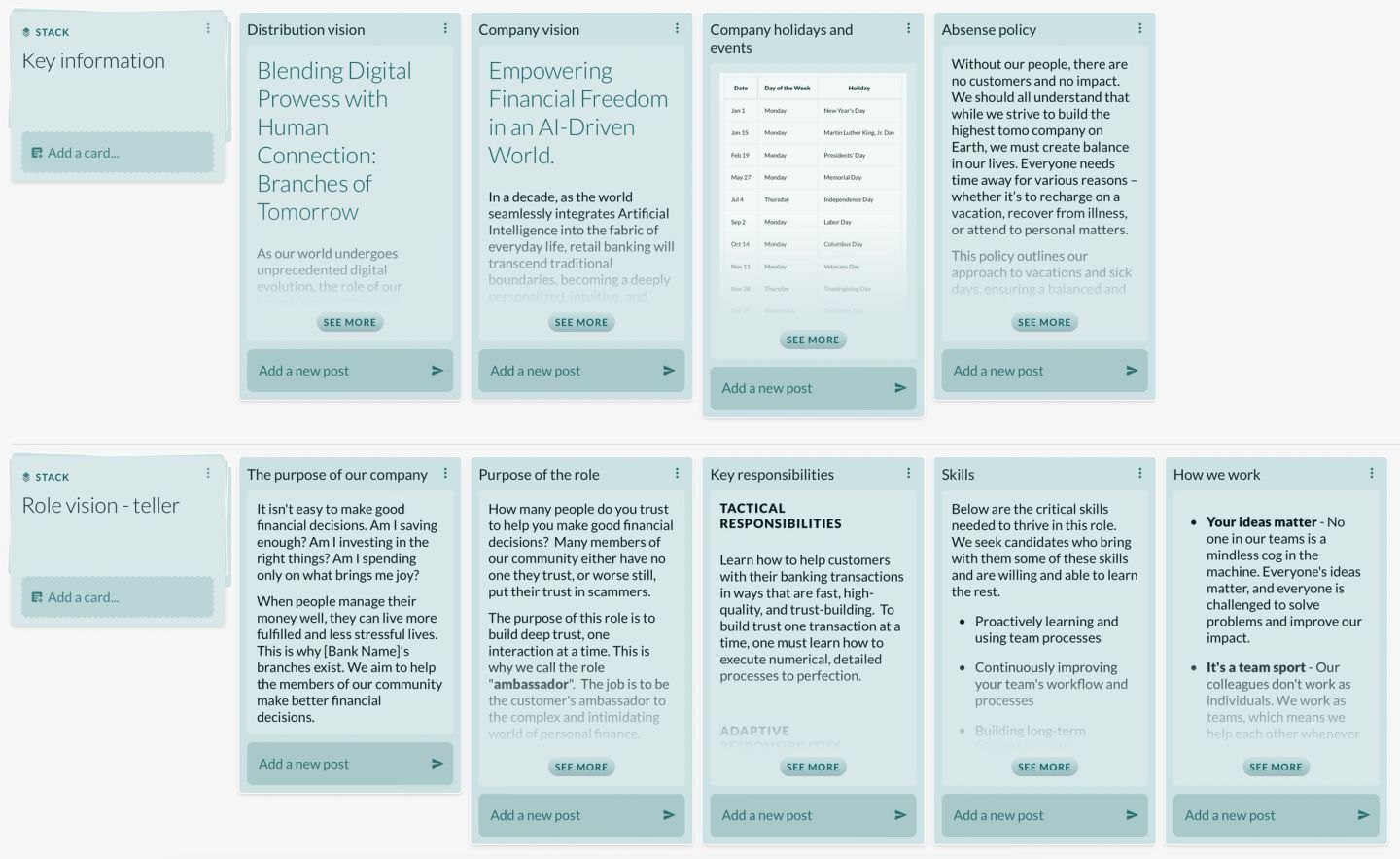 Two Factor stacks side by side. A key information stack holds the distribution vision, company vision, holidays and absence policy. A role vision stack for a bank teller holds the purpose of the company, the purpose of the role, key responsibilities, the skills the role needs, and how the team works.