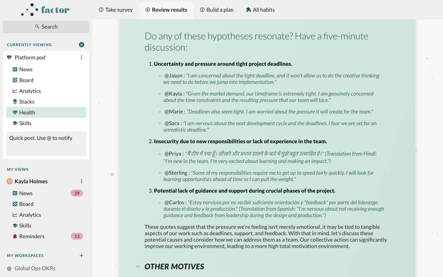 The Factor app on its review-results tab, proposing a five-minute team discussion. Three hypotheses for the pressure the team is under — tight deadlines, insecurity about new responsibilities, and a lack of guidance at crucial moments — are each backed by verbatim quotes from colleagues, two of them in Hindi and Spanish with translations.