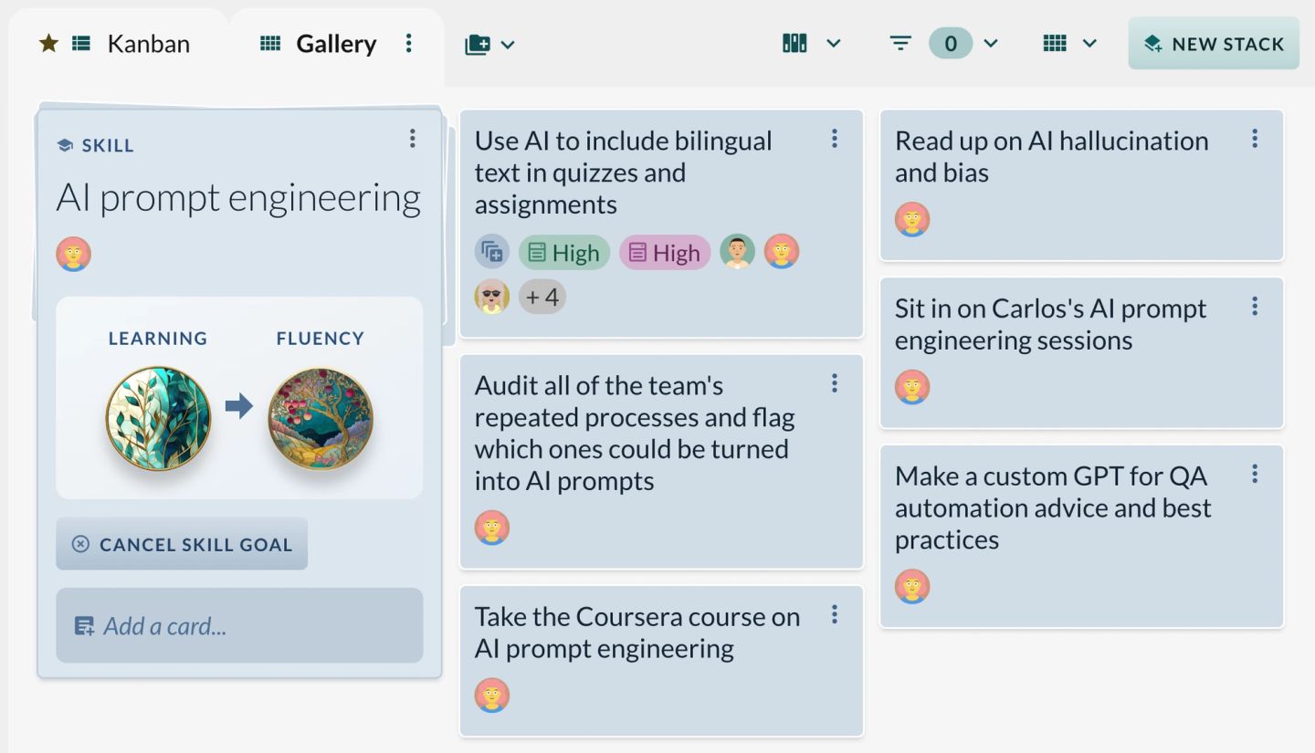 A Factor skill goal for AI prompt engineering, showing progress from learning towards fluency alongside the concrete practice the person has committed to: auditing the team's repeated processes for tasks worth turning into prompts, sitting in on a colleague's sessions, building a custom GPT for QA advice, and taking a course.
