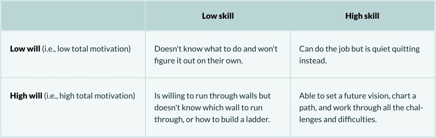 A two-by-two table crossing skill with will, where will means total motivation. Low will and low skill is someone who does not know what to do and will not work it out alone. Low will and high skill is someone who could do the job but is quiet quitting. High will and low skill is willing to run through walls but does not know which wall. High will and high skill can set a vision, chart a path and work through the difficulties.