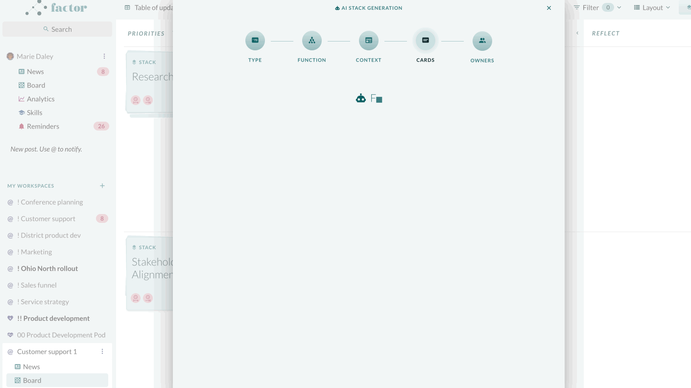 A screen recording taken over a live Factor workspace — the left rail shows a colleague's boards and a list of workspaces including "! Ohio North rollout" and "!! Product development" — with the "AI STACK GENERATION" dialogue open across it. "Factor AI is thinking..." types itself out, then a stack drafts itself in place: "How might we simplify the language used in our support materials?" gathering cards for "Rewrite support materials using simple, non-technical language", "Use more visuals and diagrams", "Create a glossary" and more, each ticked under "KEEP?" and each editable before it lands. Priorities get written with the AI, not handed down.