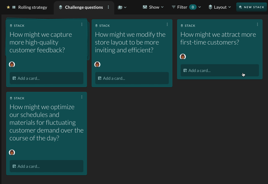 A short screen recording of a bakery team's "Challenge questions" board in Factor. It starts with four goals already written as questions, then a new stack is created — "Successfully created new stack" flashes at the bottom — and the placeholder title "untitled stack" is typed over with "How might we use new flavors to make our cookies more delicious?", which then appears on the board alongside the others. Because the title is just an editable field, the question can keep being sharpened until it sparks ideas.